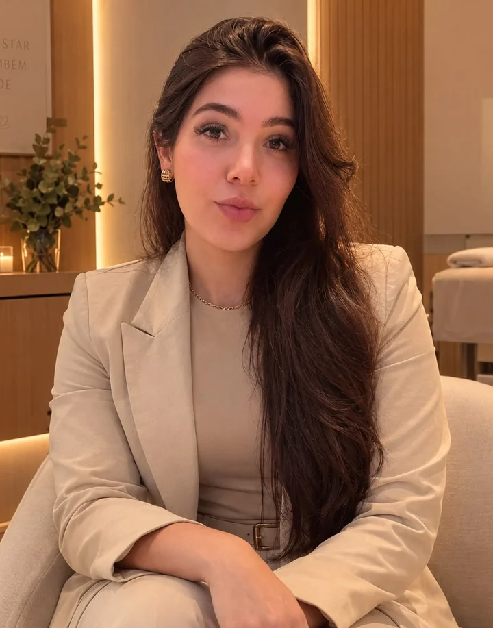 Juliana Urban na clínica, em um ambiente de madeira e iluminação quente