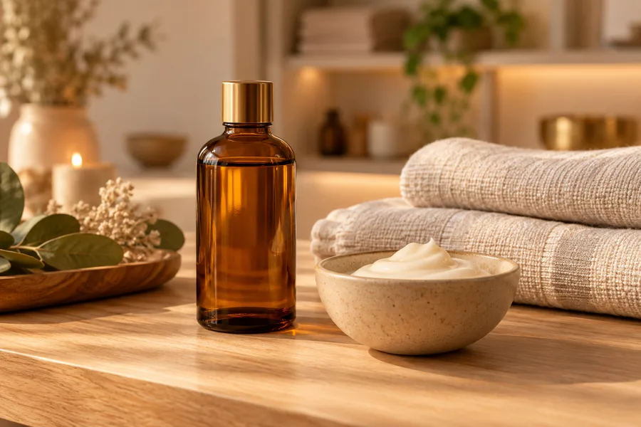 Óleo e creme de massagem com toalhas claras